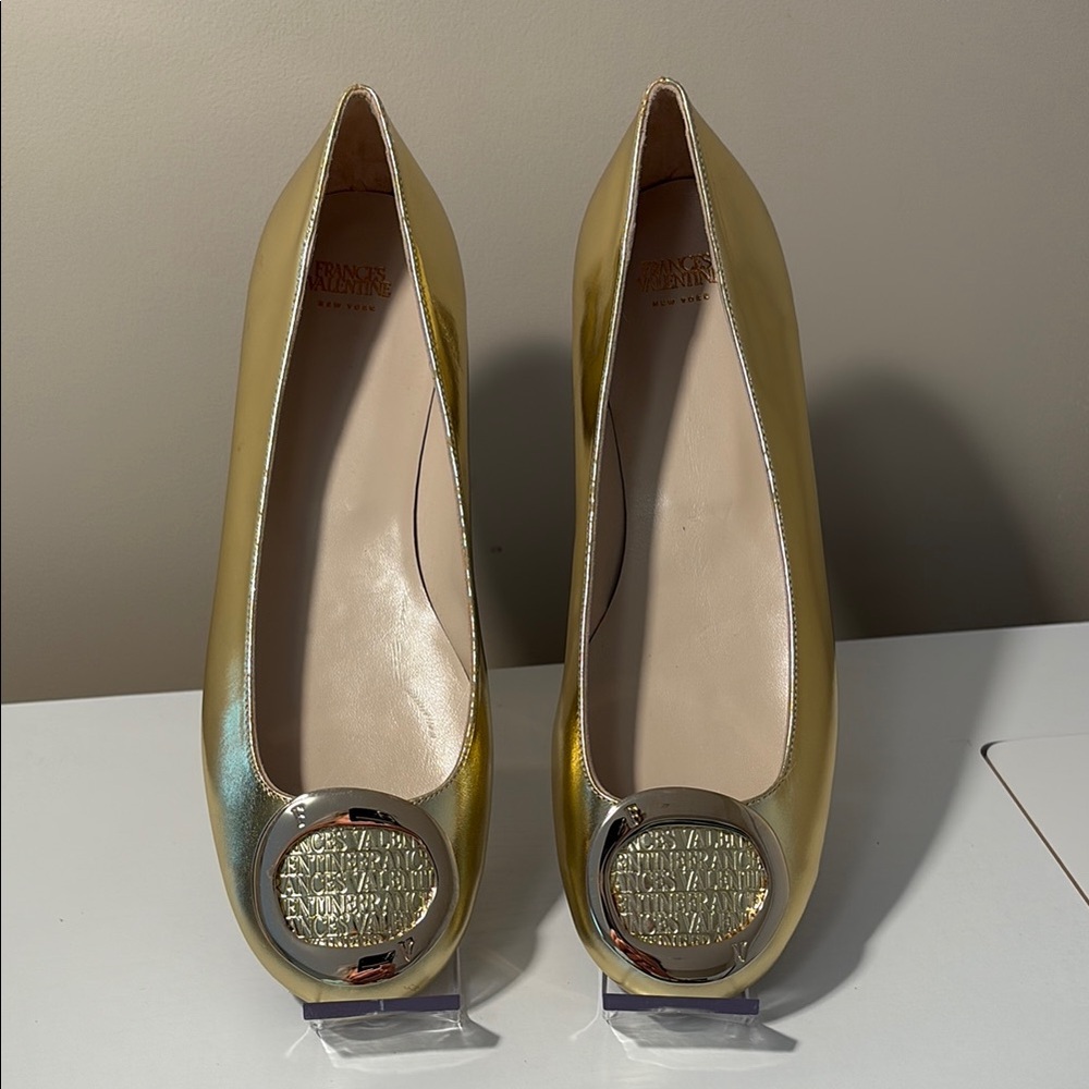 Frances Valentine Gold Heels with Metallic Ornament